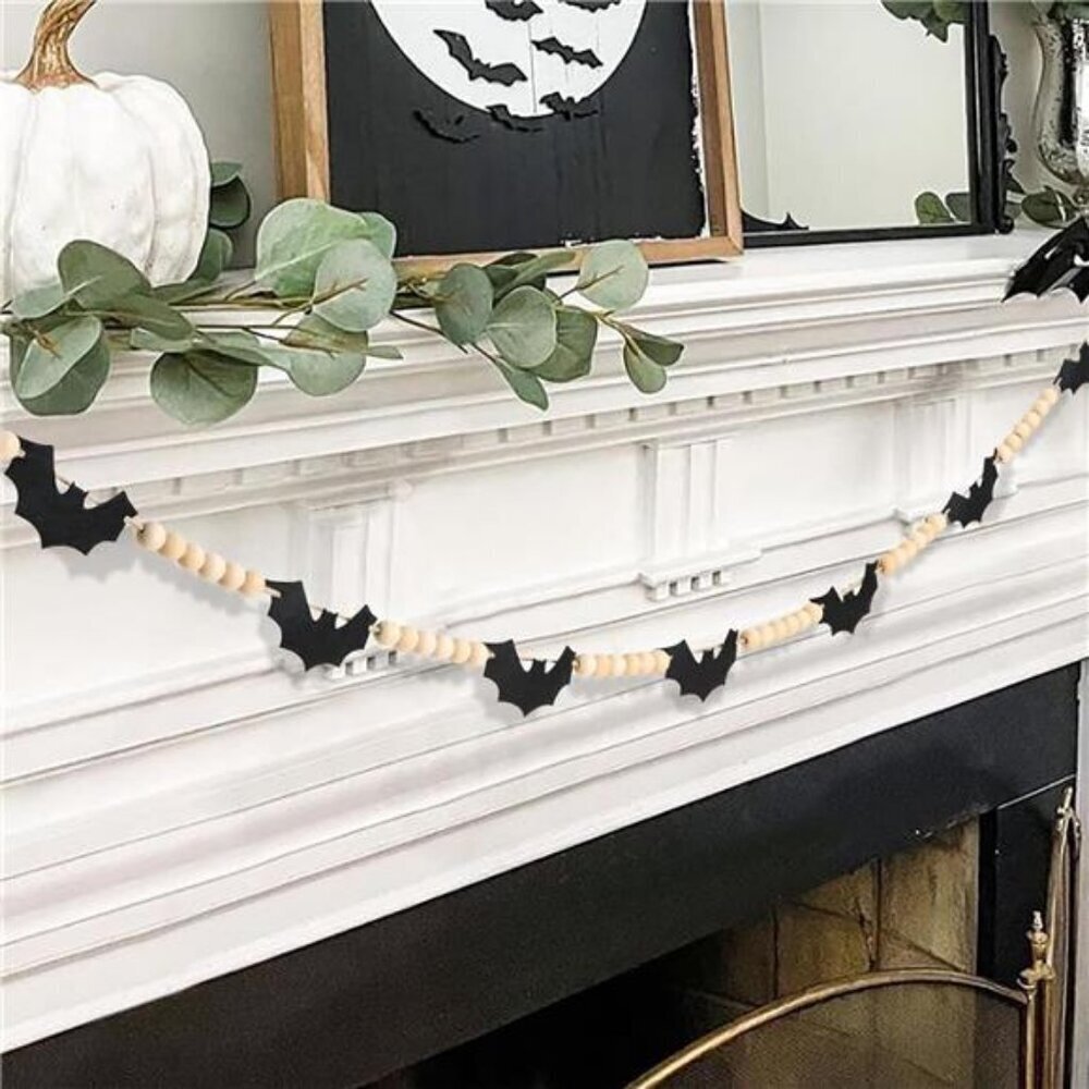 Black Felt Bats Garland 60in with Wood Beads Halloween Decor